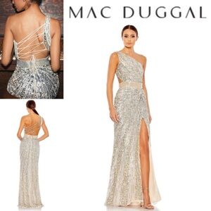 Mac Duggal Sequined One Shoulder Draped Lace Up Gown Nude Silver sz 2 598$
